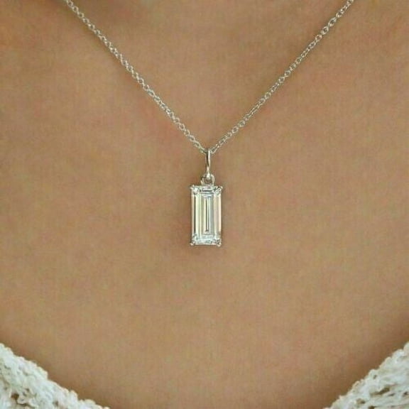 14k White Gold Plated 3Ct Emerald Cut Lab Created Diamond Solitaire Valentine Pendant Necklace For Her 18"