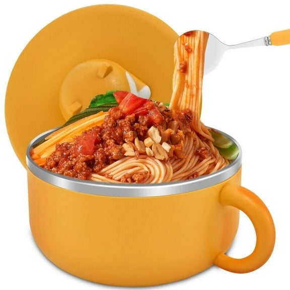 Qenwkxz 1200ml Ramen Bowl 304 Stainless Steel Noodle Bowl with Lid and Spork Instant Noodles Bowl with Handles Dustproof Ramen Noodles Bowl Portable Noodles Bowl Cooker for Dorm Office Home