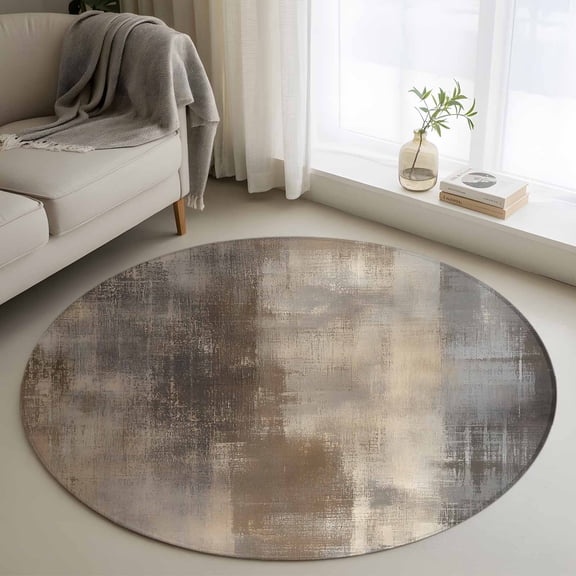 3.3ft Round Rug, Brown Ombre Non-Skid Rubber Backing Large Area Rugs - Living Room Bedroom Home Office, Modern Abstract Art Oil Painting Indoor Floor Mat Carpets Washable Rug