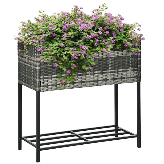 YYAo Raised Garden Bed,Outdoor Planter Box,Raised Garden Bed, Elevated Planter Box with Rattan Wicker Look, Tool Storage Shelf, Portable Design, Gray