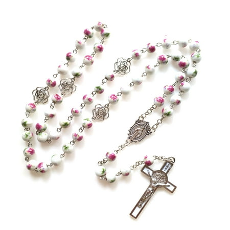 

Sofullue Ceramic Rose for Cross Rosary Necklace Alloy Long Bead Chain Pendant Ornament