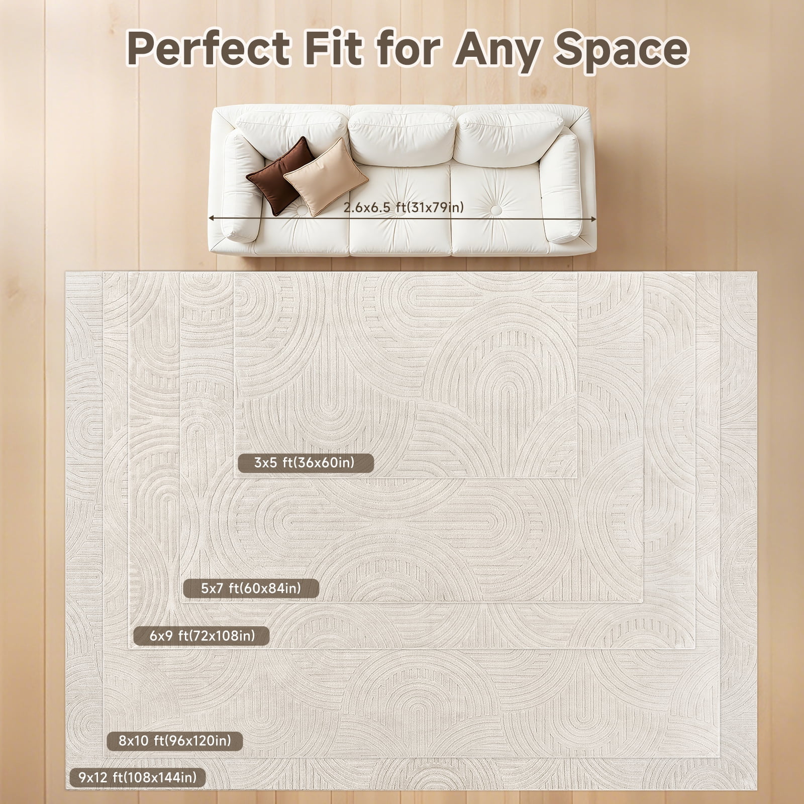 MeyJey 3’x5’ Area Rugs for Living Room, Machine Washable Jacquard Textured Modern Non Slip Rugs, Soft Geometric Rug for Bedroom Dining Room Office, Beige