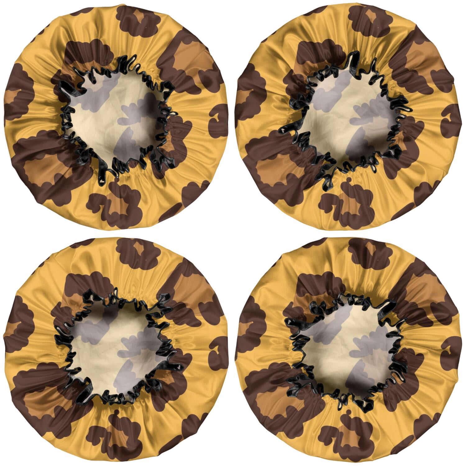 Shower Caps,Yellow and Black Of Leopard Print Waterproof Shower Cap for Women 4 Pieces,Double Reusable Hair Cover for Shower PEVA Elastic Stretch Hem