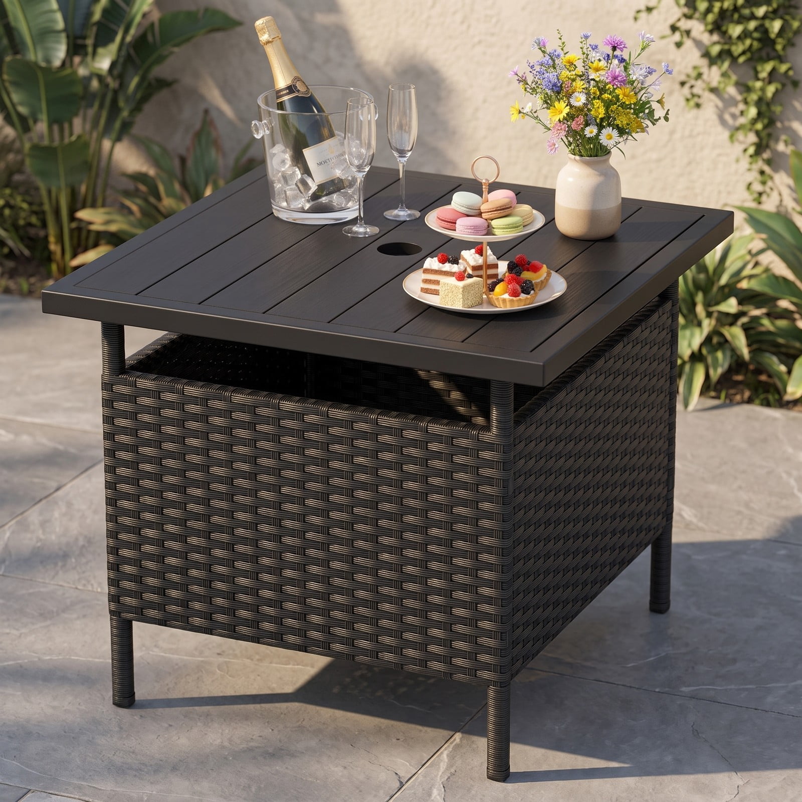 Furnibear Patio Square Wicker Side Table with Umbrella Hole, PE Rattan Outdoor End Table, Faux Wood Top Metal Frame Coffee Table for Garden Yard Backyard, Black