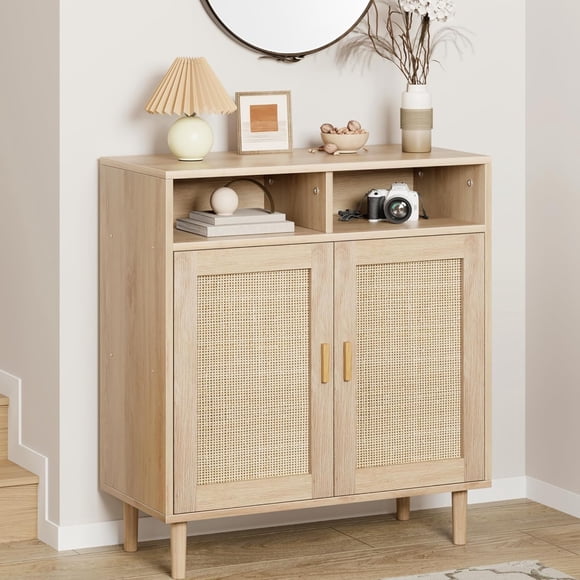 Ourlova Sideboard Buffet Storage Cabinet Rattan Kitchen Cabinet with 2 Doors Shelf Accent Modern Dining Living Room Entry Hallway Coffee Bar Furniture for Home Decor 36 inch H