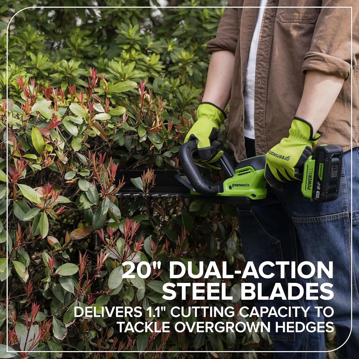 Greenworks 24V 20" Brushless (1" Cutting Capacity) Hedge Trimmer, 2.0Ah Battery and 30W Charger