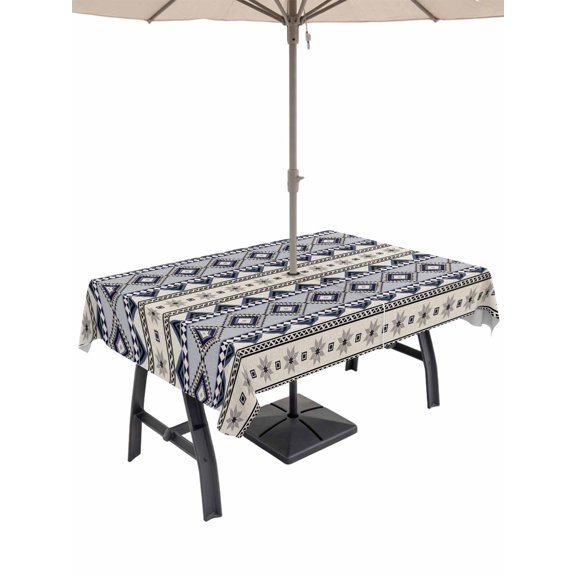 Outdoor Tablecloth with Umbrella Hole for Patio/Picnic/Party/Camping, Boho Blue Striped Waterproof Table Cloth Rectangle Table Cover Washable, Beige Ethnic Tribe Southwestern Vintage (60"x 102")