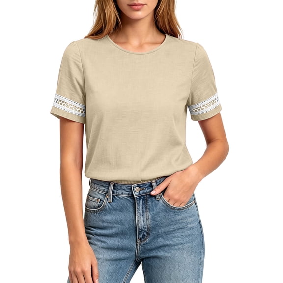 Maplenight Cotton Linen T Shirts for Women Color Block Crew Neck Short Sleeve Tees Casual Weekend Lightweight Shirts