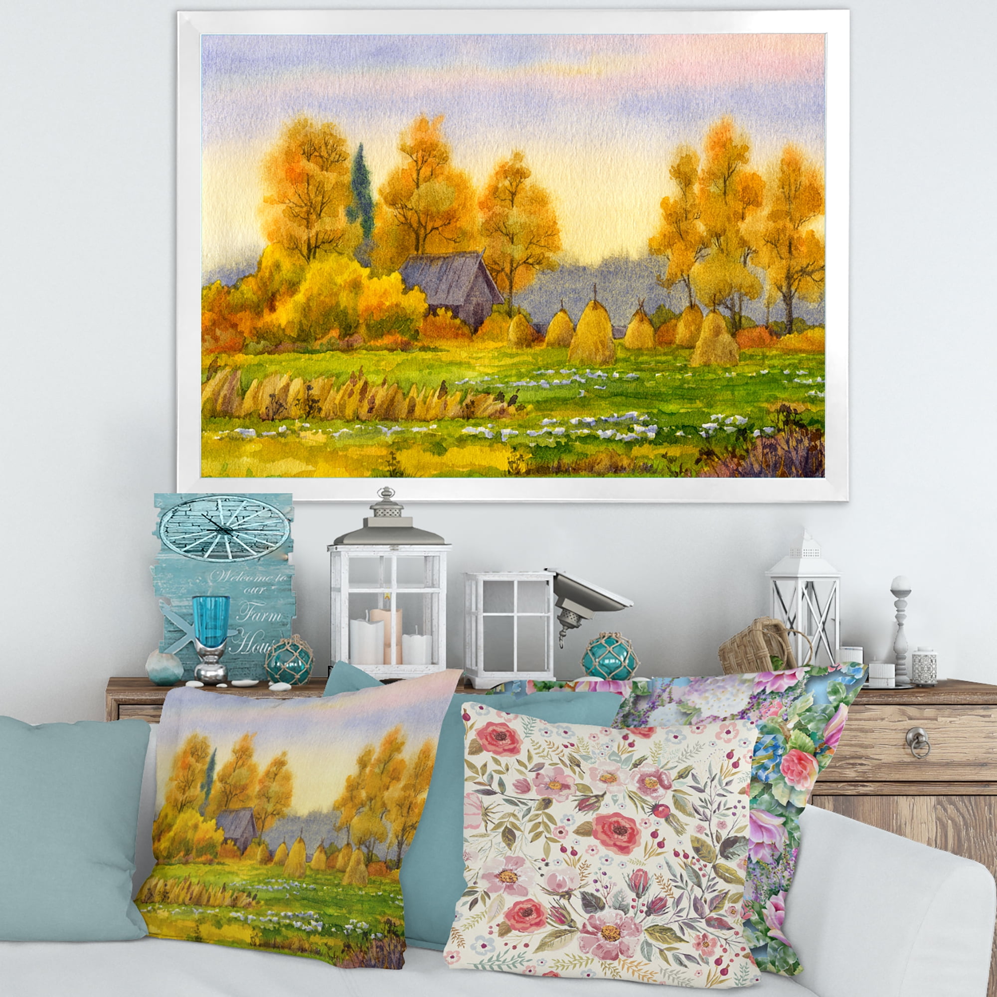 Designart 'Orange Fields With Haystacks II' Lake House Framed Art Print
