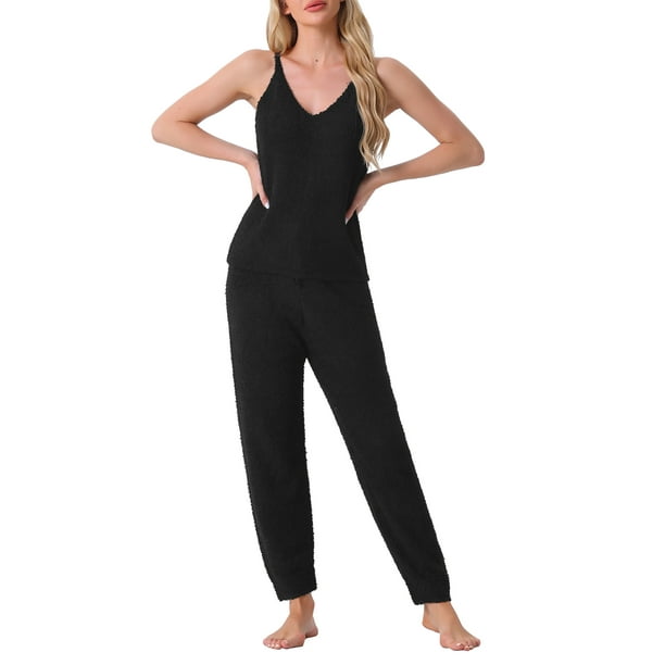 Conjunto de pijama de felpa esponjosa sin mangas para mujer INSPIRE CHIC, pantalones jogger gruesos, ropa de casa, pijamas XL negro