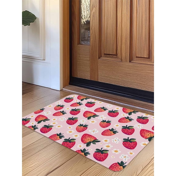 Strawberry Door Mat Indoor Outdoor Entrance, Non Slip Rug for Kitchen Bathroom Entryway Rug, Pink Spring Summer Rustic Floral Fruit Washable Doormat Floor Mat for Office Home Decor 20x31.5 Inch