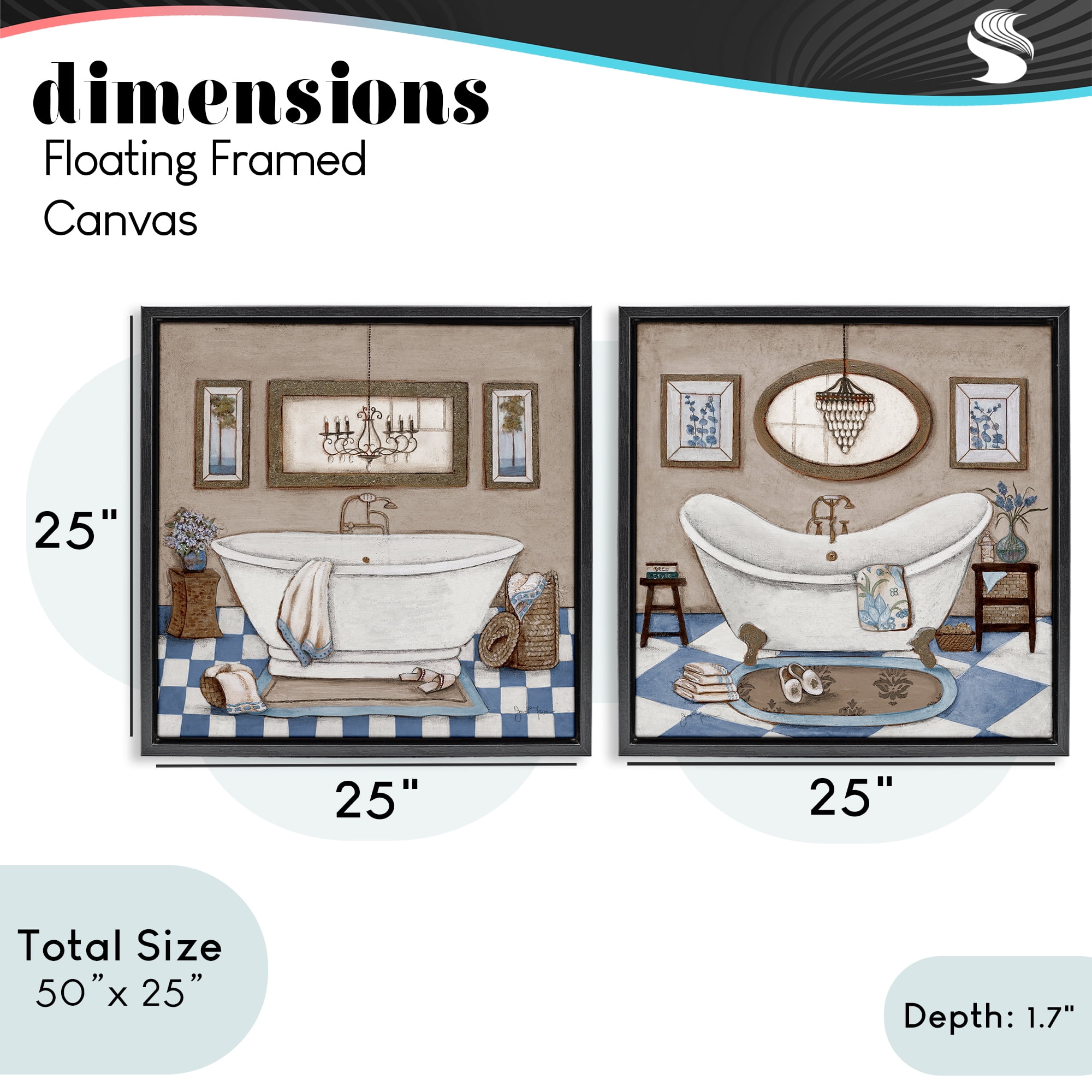 Stupell Industries Tiled Bathroom Views 2 Piece Black Framed Floater Canvas Set, design by Janet Tava