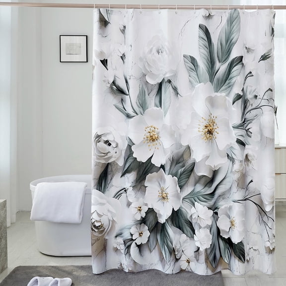 Elegant Floral Shower Curtain 72x72 in, Neutral Grey & White Large Flower with Greenery, Waterproof Washable Fabric, Hooks Included