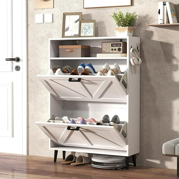 JESTOP Shoe Storage with Drawers for Entryway, Wood Shoes Organizers, Freestanding Large Shoe Rack with Adjustable Shelves for Hallway Foyer