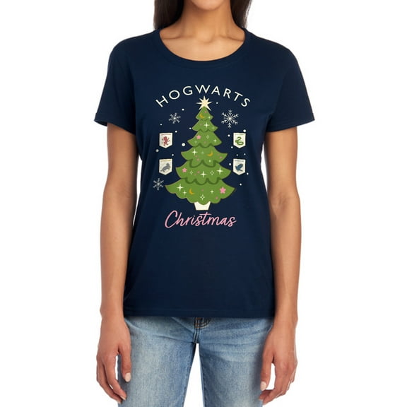 Harry Potter Hogwarts Christmas Tree Women's T Shirt, Navy, Small