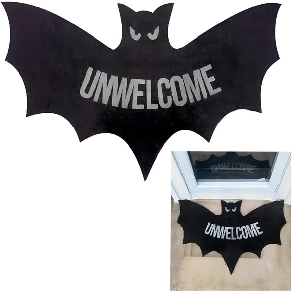 RLESO Funny Unwelcome Bat Mat Coir Halloween Doormat Non-Slip PVC Rug for Front Door