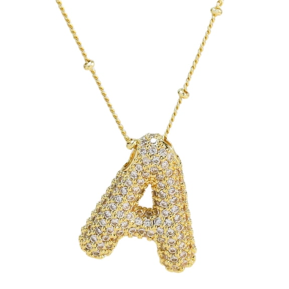 Bubble Initial Crystal Pavé Pendant Statement Necklace Gold Birthday Gift (A)