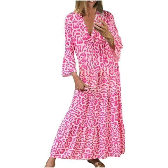 Wycnly Womens Dresses 3/4 Sleeve V-Neck Leopard Print Casaul Maxi Summer Dress Ruffle Swing Plus Size Vintage Long Dresses Pink XXL Clearance Clothes