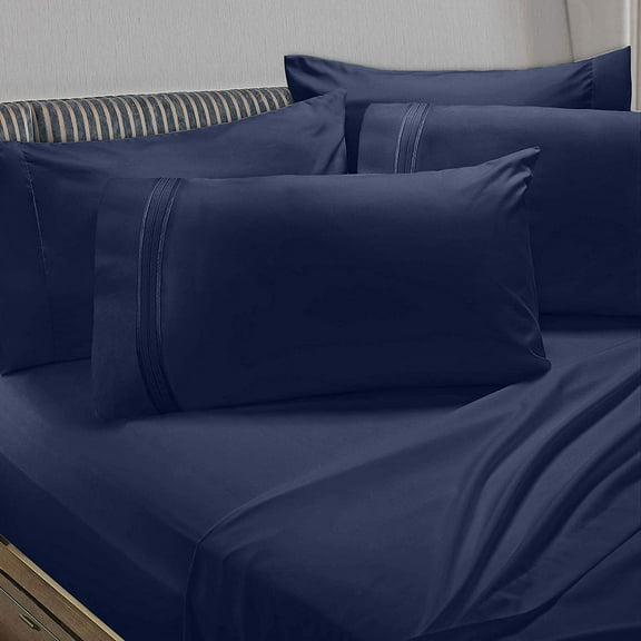 6 Piece 1800 Collection Bed Sheet Set with Extra Pillowcases, Deep Pockets Fitted Sheet, 100% Soft Microfiber, Hypoallergenic, Cool & Breathable, Flex-Top King, Navy Blue
