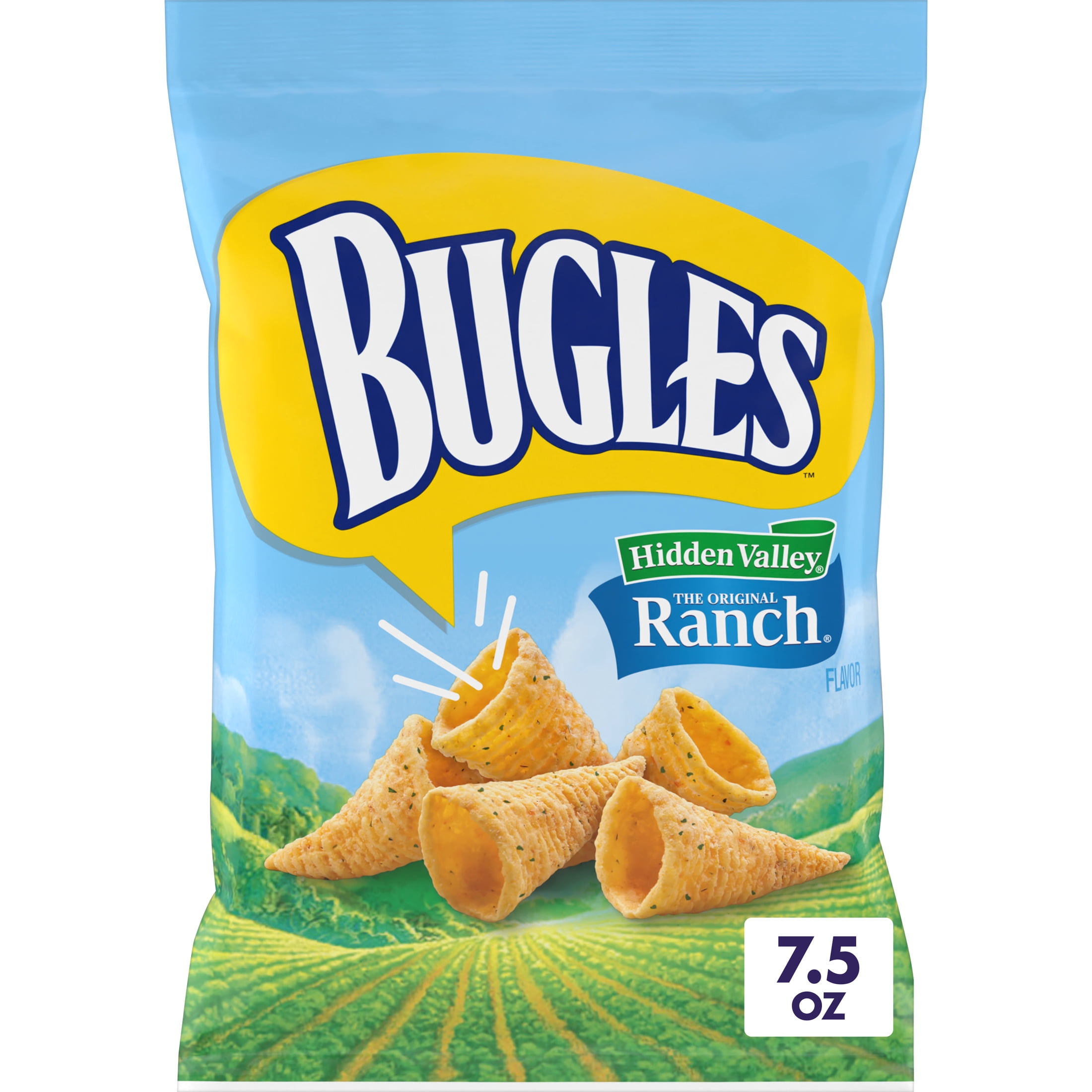 (3 pack) Bugles Crispy Corn Snacks, Hidden Valley Ranch Flavor, Snack Bag, 7.5 oz