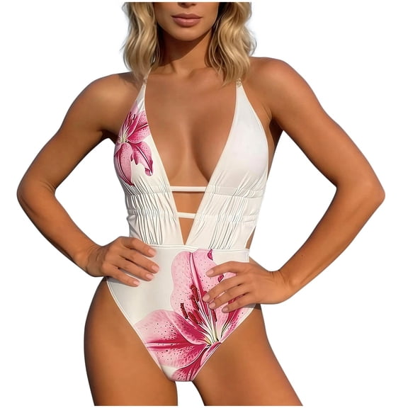 Guluxicc Womens One Piece Swimsuit Slimming Modest Bathing Suit Ribbed Summer Swim Suits Deep V Neck Floral Printed Swimwear