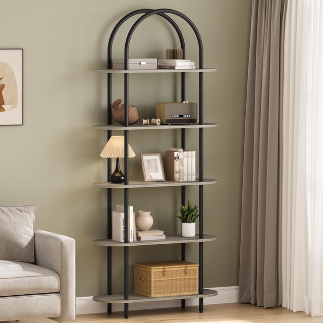 Industrial 5 niveles estante con metal arch, abiertos design, y adjustable feet - sturdy almacenamiento organizer para sala de estar, dormitorio, o oficina en casa (negra y graphite gris)