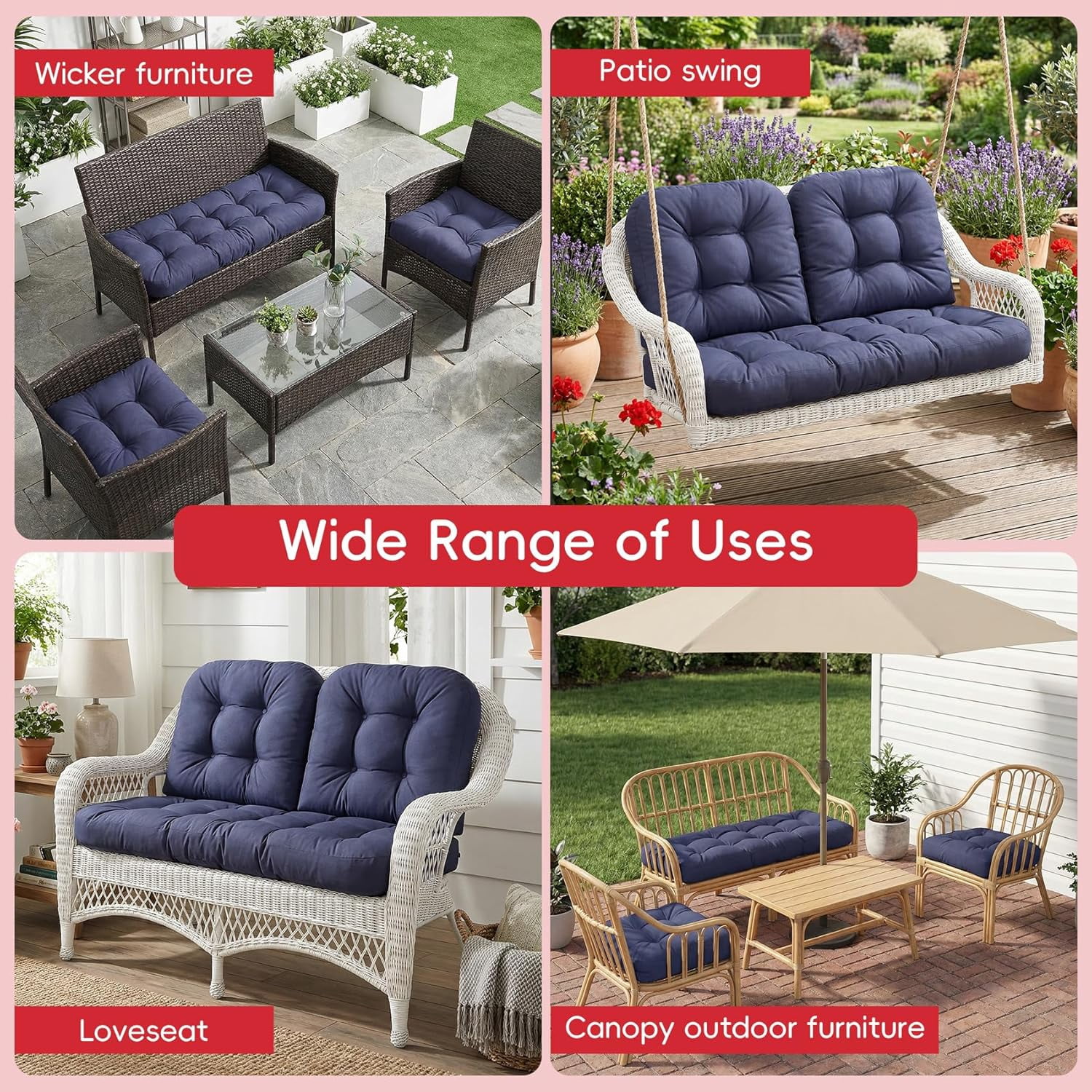 Wicker Furniture Cushions Set of 3, Waterproof Outdoor Loveseat Cushions for Patio Furniture, 4 Inch Thick Tufted Non-Slip Outdoor Cushions for Wicker Patio Furniture (Navy Blue, 44" x 19")