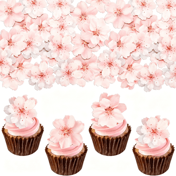 XIBUFE 54 Pcs Edible Cherry Blossom Cupcake Toppers, Pink Wafer Paper Flowers for Cakes, Baby Shower, Kids Birthday, Wedding Dessert Table Decorations
