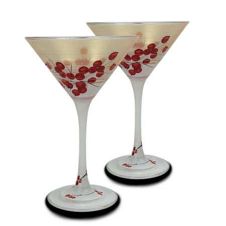 

Set of 2 Gold Berries and Branches Hand Painted Martini Drinking Glasses 7.5 oz.