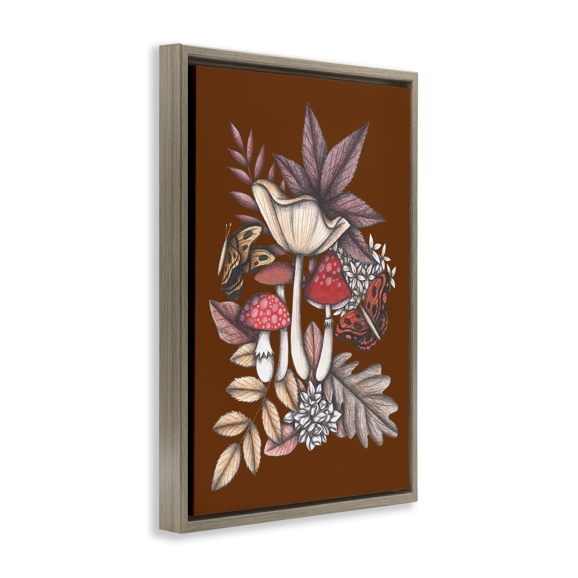 Autumn Mushrooms Magic Brown Framed Floater Canvas Wall Art, design by Cecilia Battaini