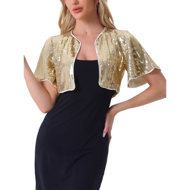CHAQUETA BOLERO CON LENTEJUELAS INSPIRADA EN CHIC PARA MUJERES, MANGA ACAMPANADA, CROP, BRILLANTE, COLOR DORADO CLARO