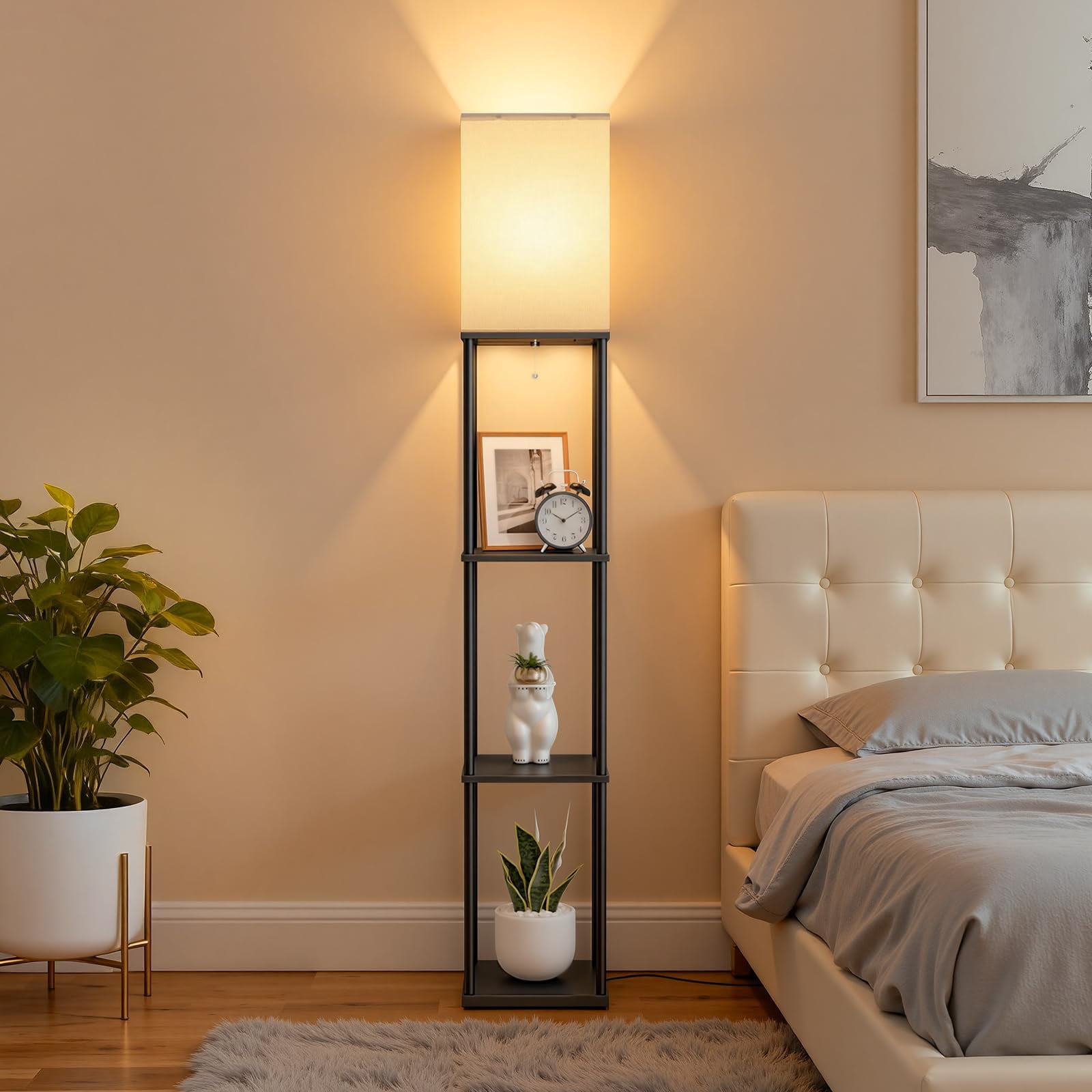 Black Square 3-tier Shelf Floor Lamp For Living Room Bedroom Corner
