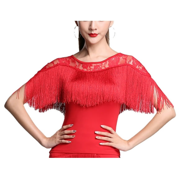 Round Neck Dance Lace Yoke Fringe Top Short Sleeve Latin Salsa Cha Cha Ballroom Dancing