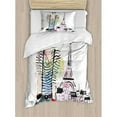 thumbnail image 3 of Fashion House Decor Queen Size Duvet Cover Set, Sketch of Fancy Laughing Girl in front of Eiffel Tower Happiness Stain, Decorative 3 Piece Bedding Set with 2 Pillow Shams, Black White, by Ambesonne, 3 of 3