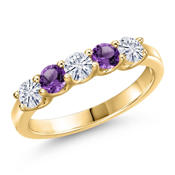Gem Stone King 10K Yellow Gold White Moissanite and Purple Amethyst Wedding-Bands Ring for Women | 0.80 Cttw | Round 3.5MM | Gemstone Birthstone | Size 6