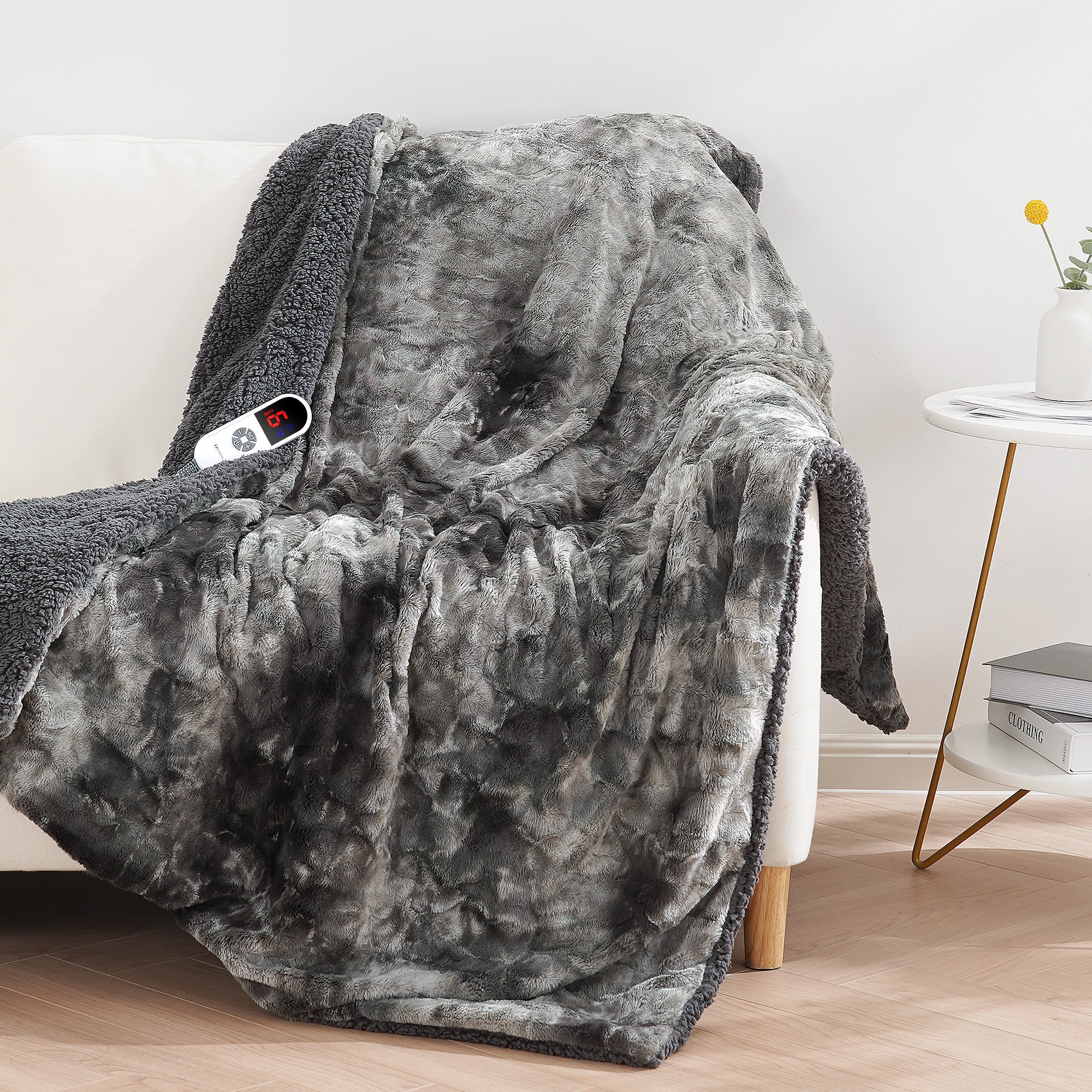MARNUR Heated Blanket Electric Throw 50" x 60", Soft Faux Fur & Shu Velvet Heated Throw Blanket, 6 Heating Levels, 4 Hours Timer, Tie-Dye Off Gray