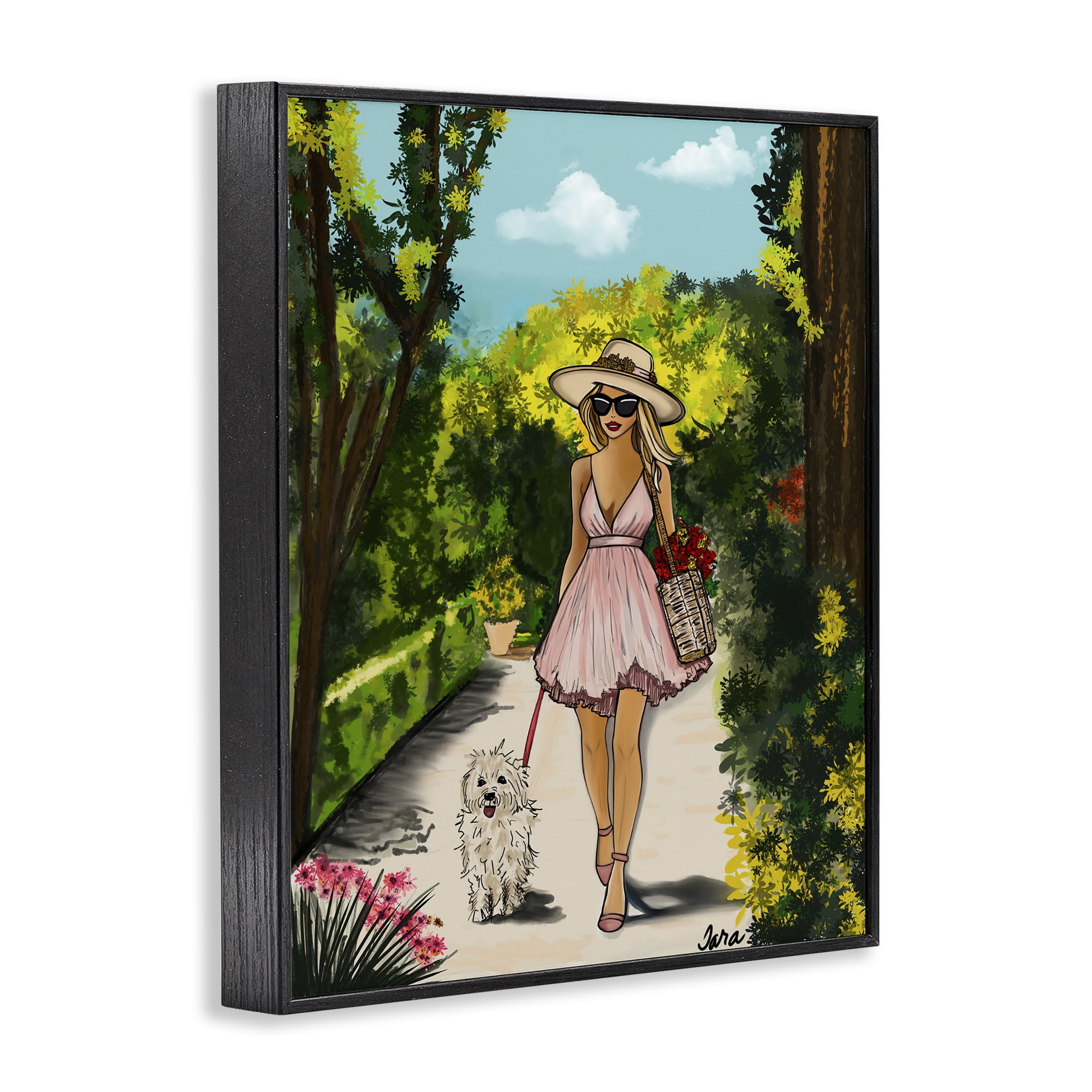 Stupell Industries Garden Girl Strolling with Pup Black Framed Giclee Art, design by Tara Boone