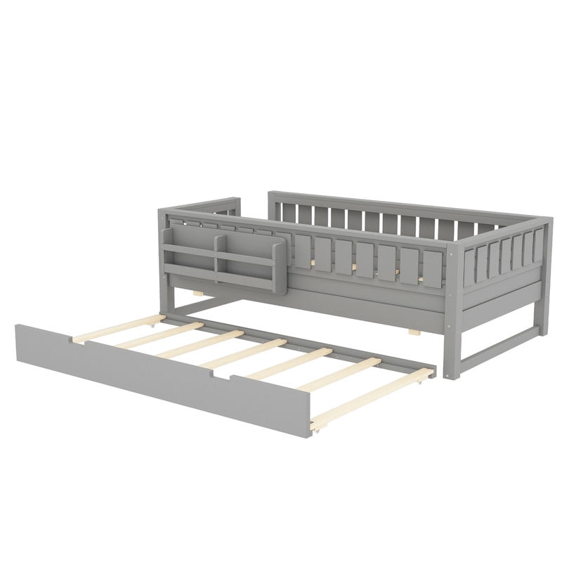 Bellemave Twin Bed with Trundle and Small Stairs, Twin Size Platform Bed Frame with Rail and Bookshelf, Wooden Montessori Floor Bed No Box Spring Needed, Gray