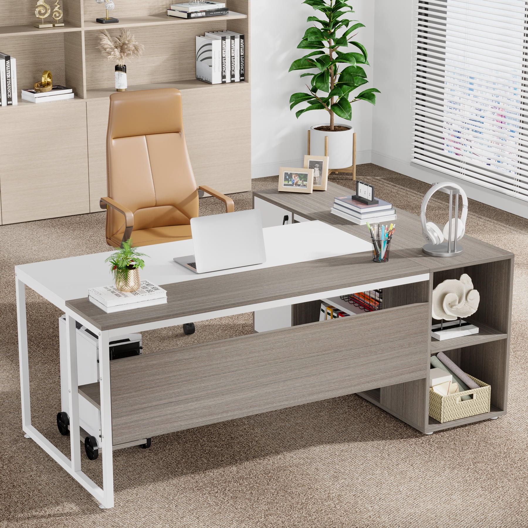 Tribesigns 71 inch L Shaped Executive Desk with Cabinet Storage, Rustic Brown Business Furniture Desk Workstation with Shelves for Home Office