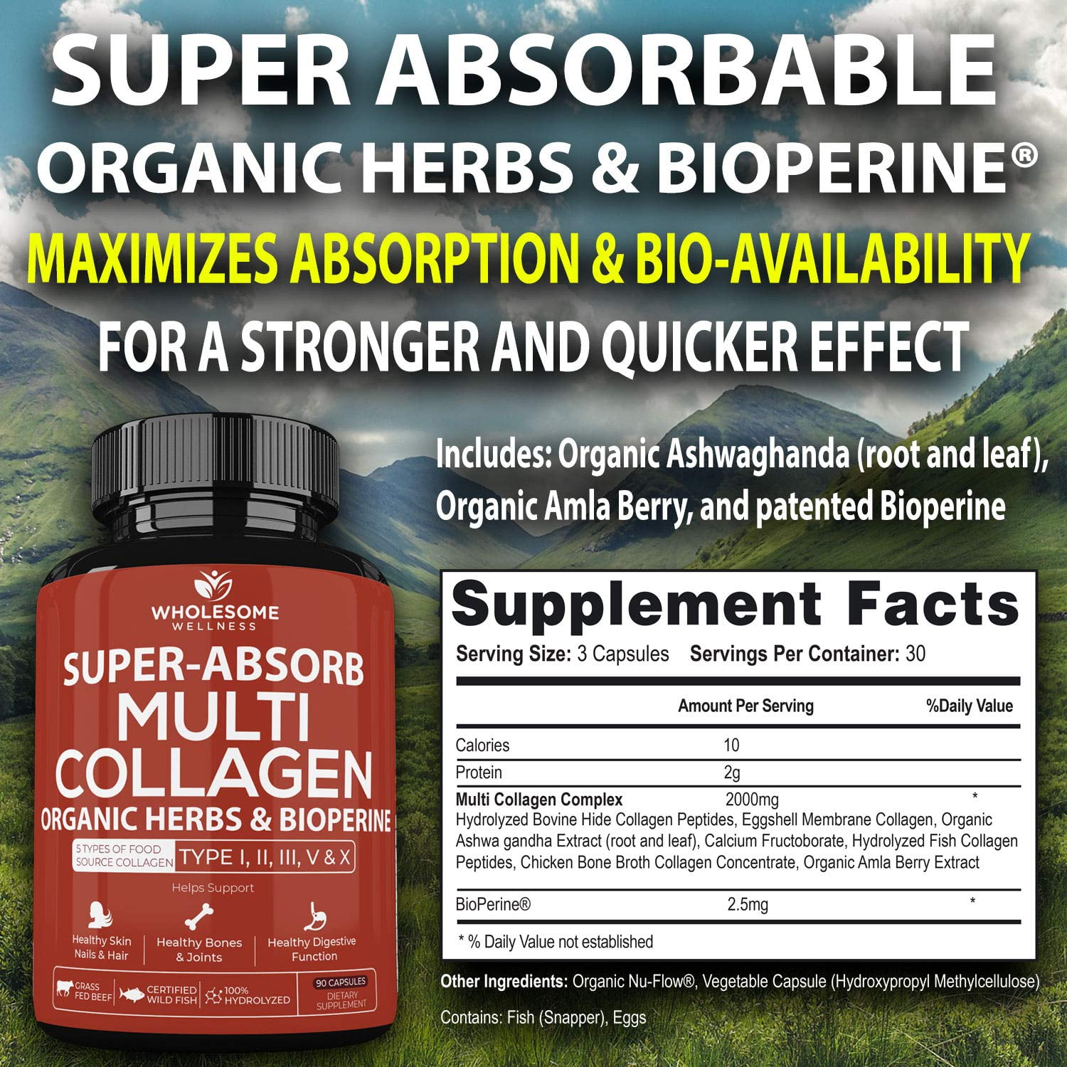 Multi Collagen Pills (Type I II III V X)and Bioperine -  Hair, Skin, Nails, Joints - Collagen Peptides Protein Supplement for Women Men
