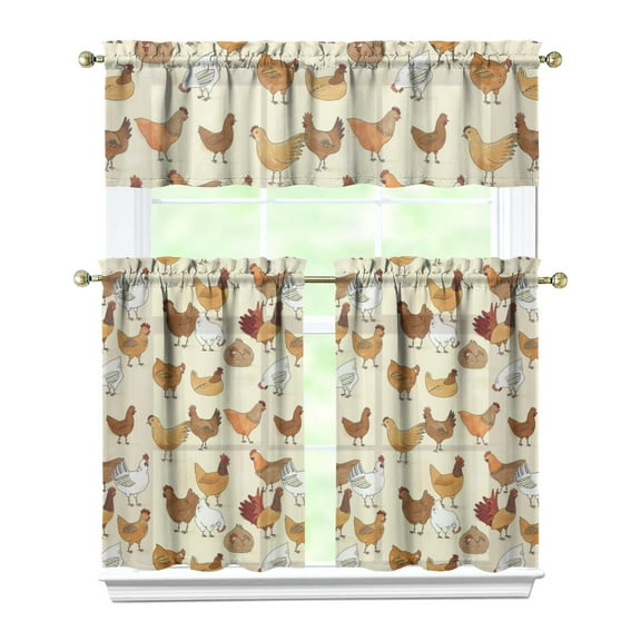 Kitchen Curtains 36 Inch Short - 3 Panel Set with Cute Farmhouse Egg & Chicken Print, Rod Pocket Window Curtain, 100% Polyester for Rustic Coop, Farm Kitchen, Easy Wash