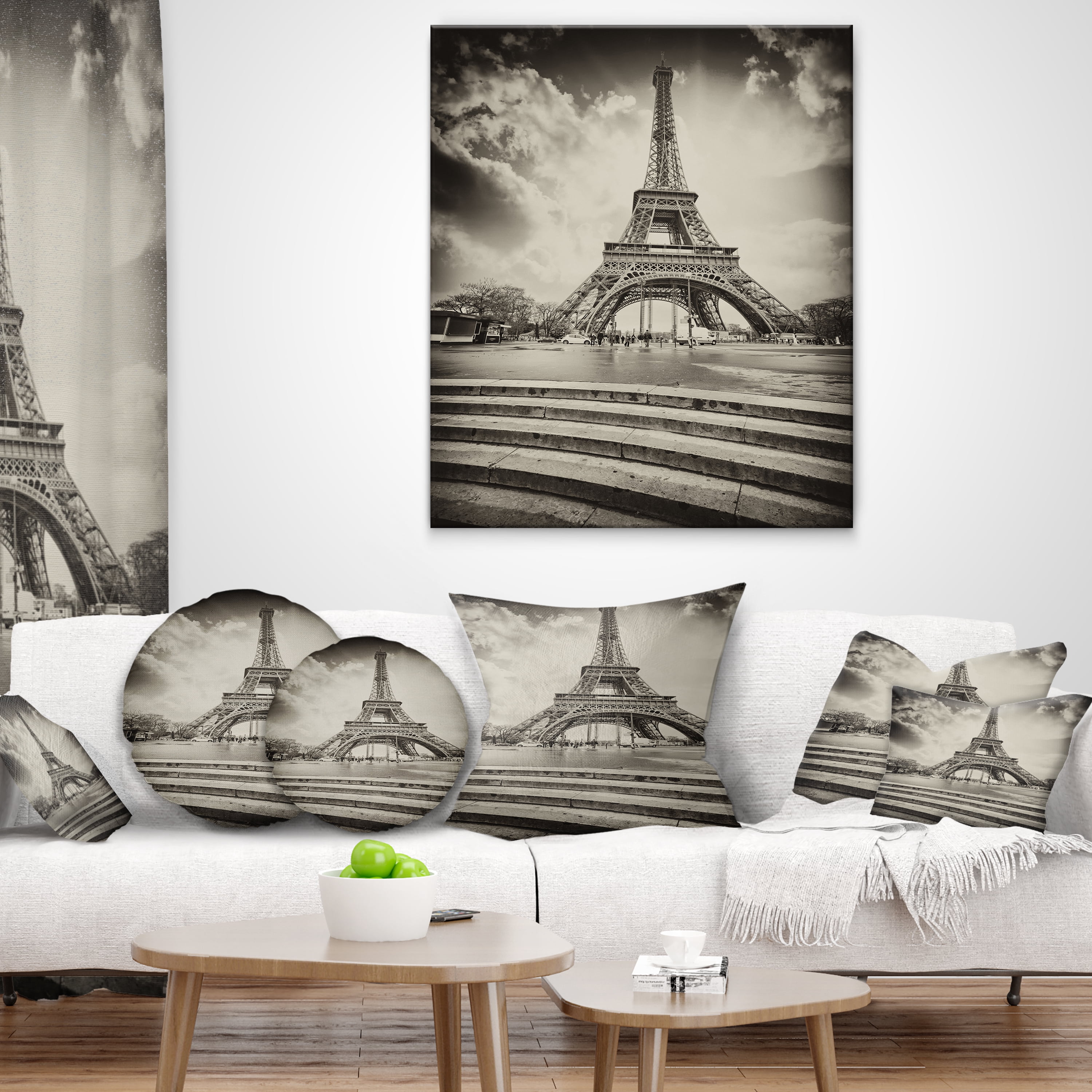 Designart Paris Eiffel Towerin Gray Shade - Landscape Photo Throw Pillow - 18x18