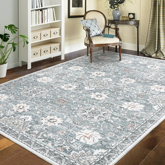 Hasoo Area Rug 8' x 10' Vintage Washable Rug Oriental Floral Rug for Dining Room Dorm, Blue