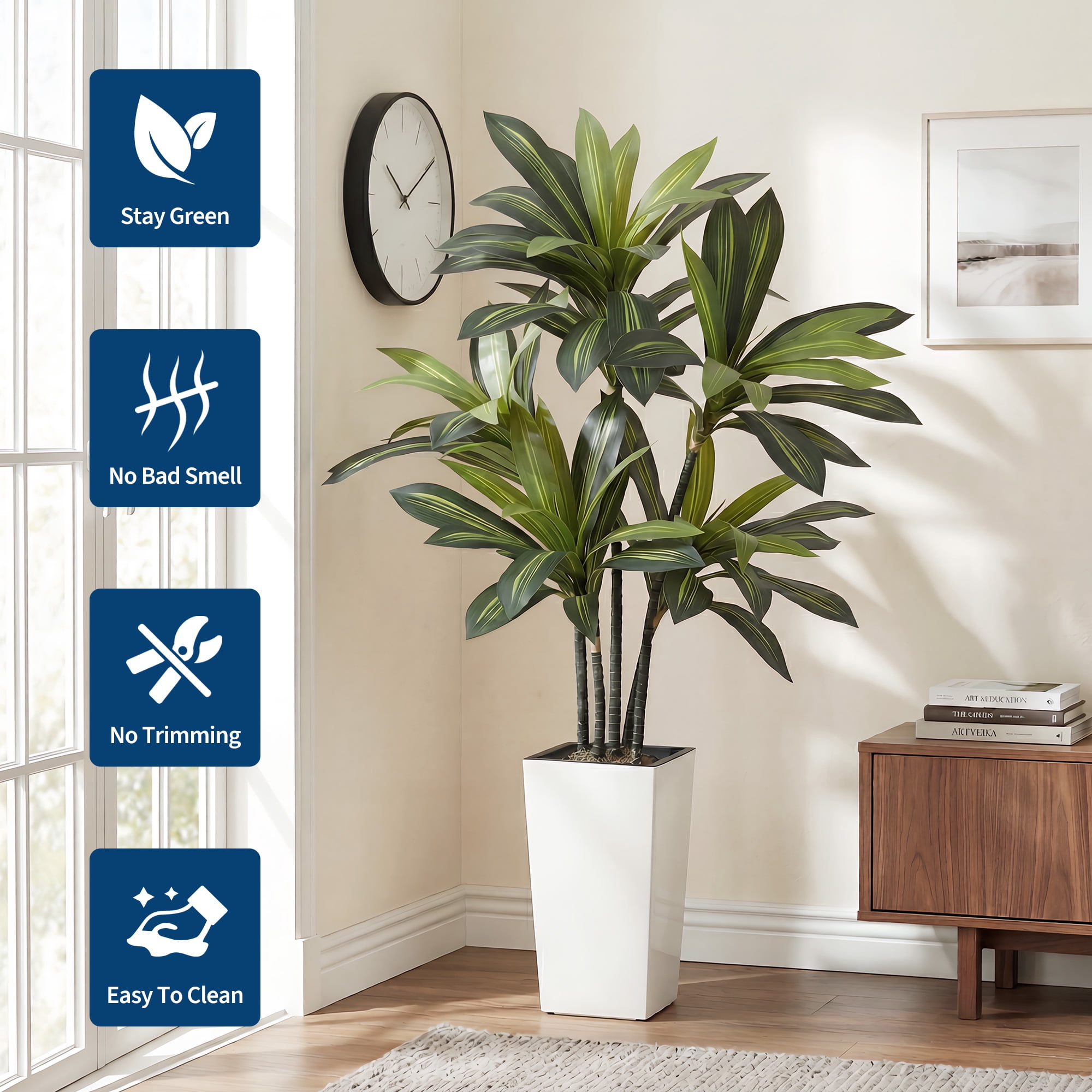 Artificial Dracaena Tree 5FT with White Tall Planter – Lifelike Faux Plant for Home Office Decor