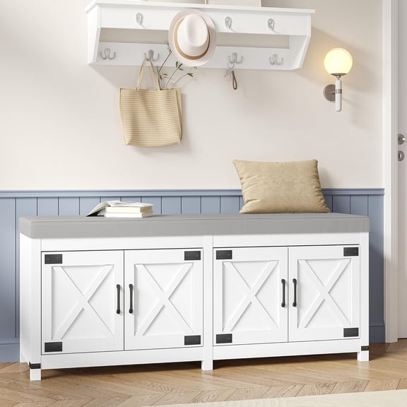 Shoe Storage Bench, 2 Tier Shoe Bench with Padded Seat Cushion & 4 Barn Doors, Entryway Bench with Adjustable Shelf, Farmhouse Shoe Cabinet for Living Room, Bedroom, White SB31203GY