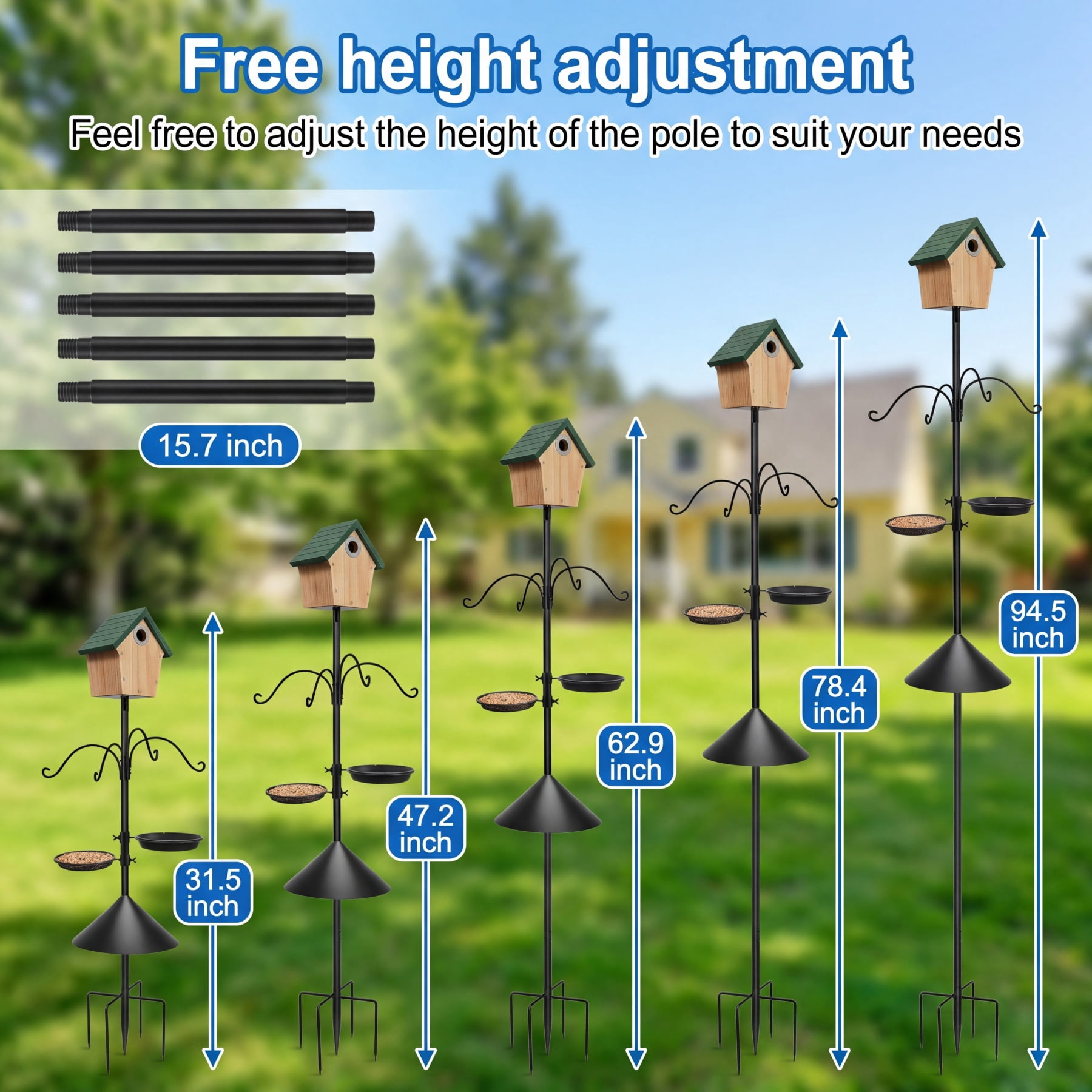 Umailgoo 92" Bird Feeder Pole with Squirrel Proof Baffle & 4 Shepherds Hooks- Adjustable Heavy Duty Bird House Feeding Station Stand Kit with 5-Prong Anchor for Outdoor Garden