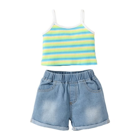 

Infant Baby Girls Clothes 3 Months Baby Girls Summer Short Outfit Sets 6 Months Sling Stripe Prints Tops Elastic Denim Shorts 2PCS Set Green
