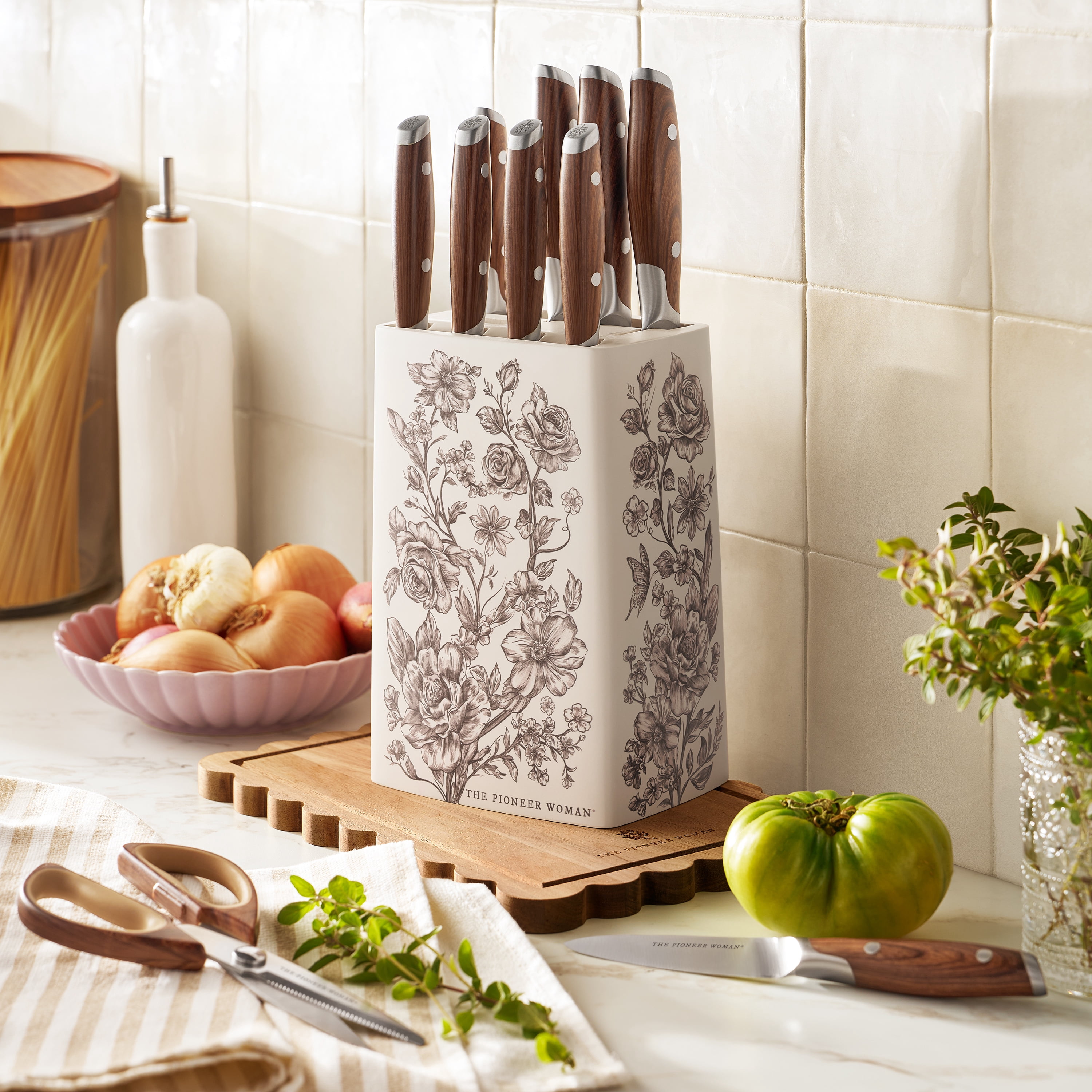 The Pioneer Woman 11 Pieces Knife Set with Decal Block Stainless Steel Knives, Forged,Brown Agatha