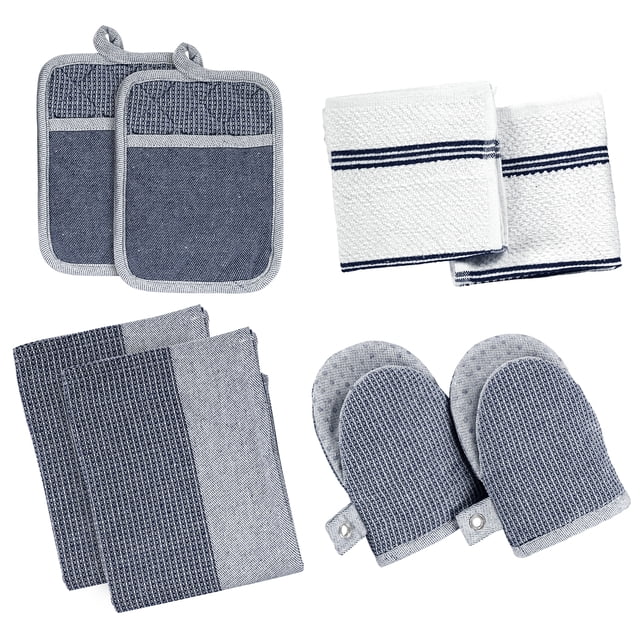 Casa Platino Juego de Cocina, Paquete de 8, Juego de Toallas y Almohadillas para Ollas con Manoplas para Horno, Lindo Juego de Inicio de Cocina, Manoplas Cortas para Horno y Juegos de Toallas y Paños de Cocina - Ndigo