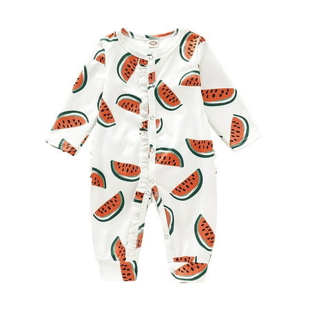 

OLLUISNEO Infant Baby Girls Romper Winter Romper Long Sleeve One-piece Watermelon Printed Single-row Buttons Jumpsuit 12-18 Months Pink